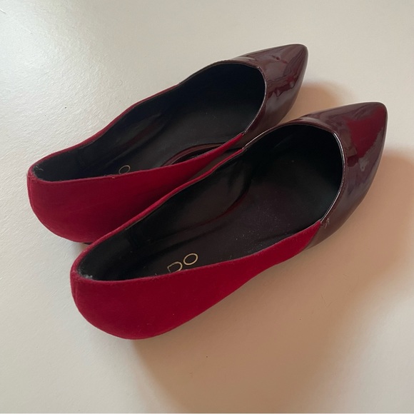 ALDO | 7.5 | Red Burgundy Point Toe Flats | Suede Patent - Picture 3 of 8